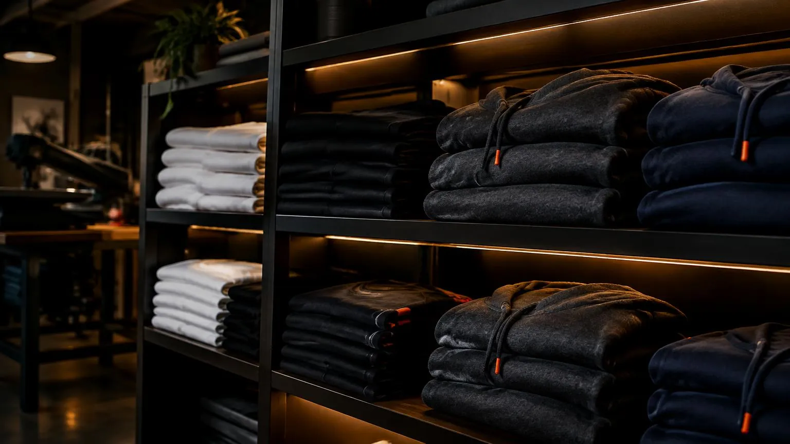Folded custom apparel stacked on shelves in the Arif Printing shop