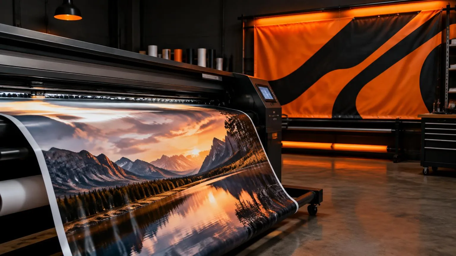 A full-color vinyl banner being produced on a wide-format printer