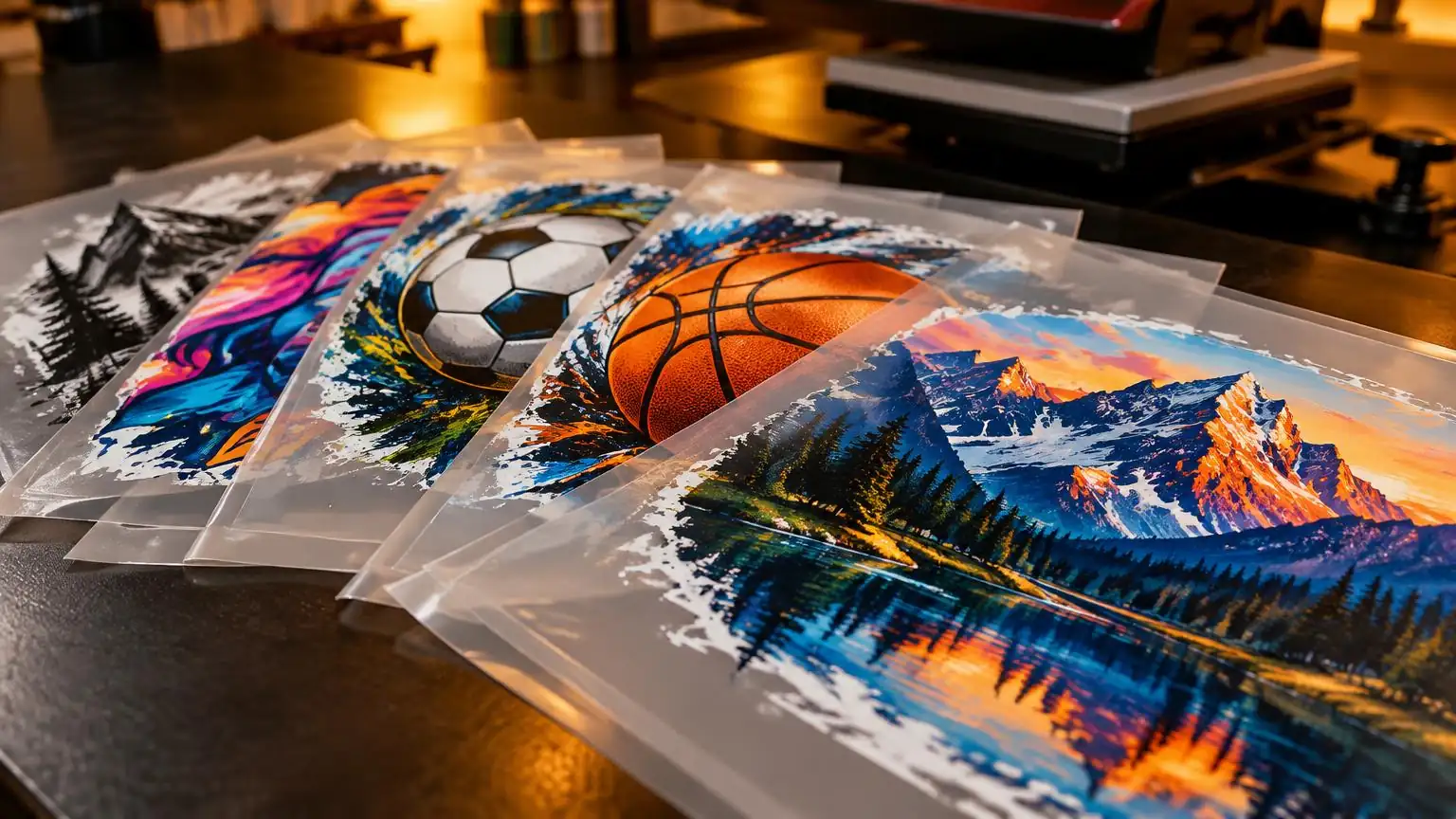 Printed DTF heat transfer sheets with full-color designs fanned out on a work table