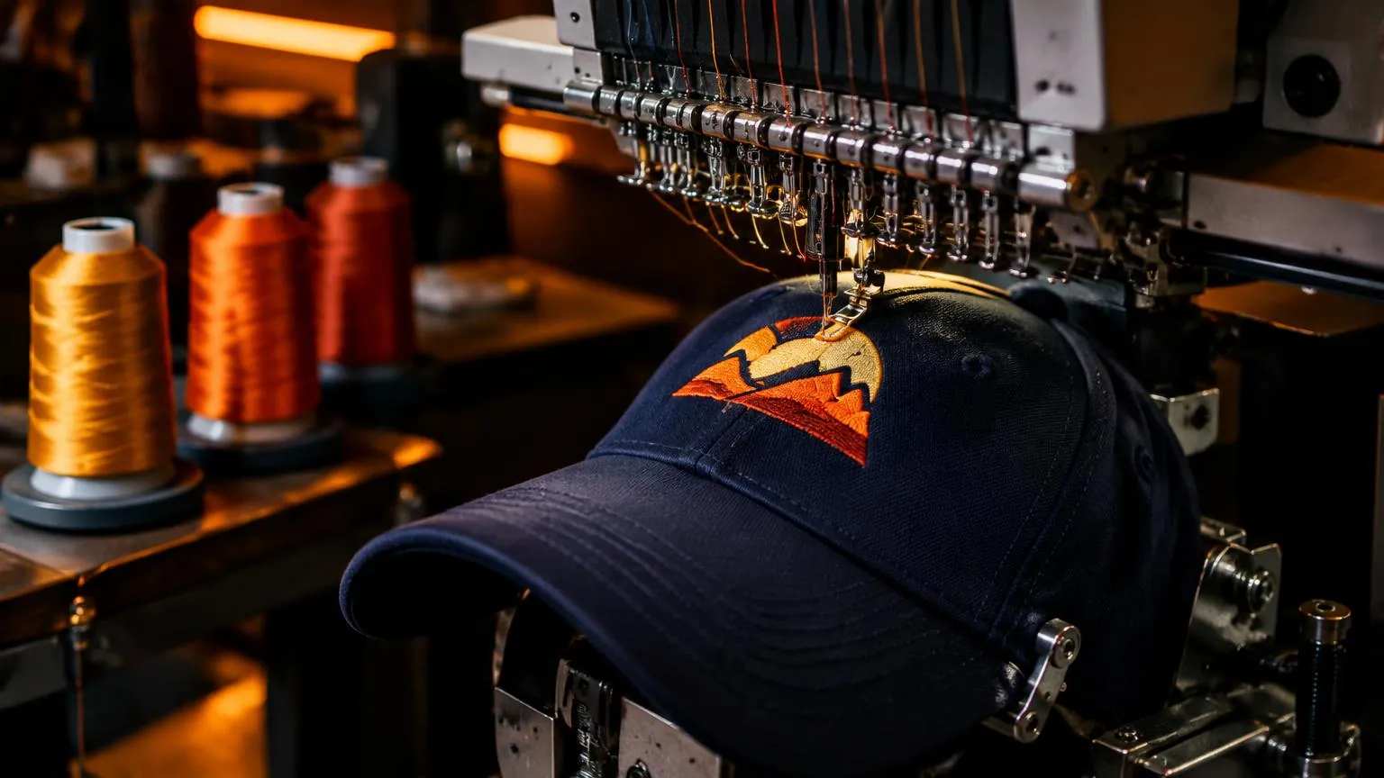 Commercial embroidery machine stitching a logo onto a navy cap