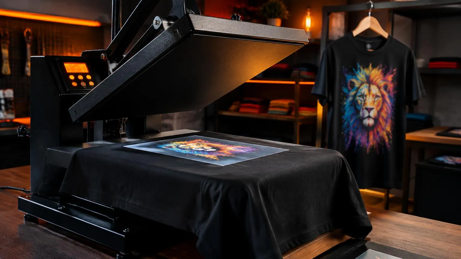 Custom printed T-shirt being finished on a professional heat press