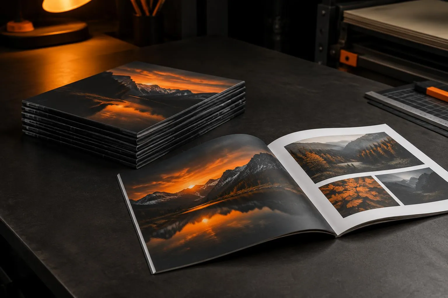 Saddle-stitched full-color booklets on a bindery table