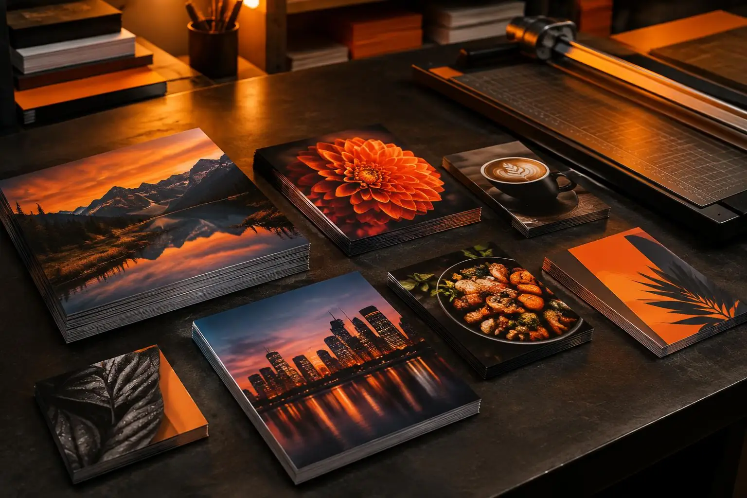 Stacks of full-color printed flyers in several sizes