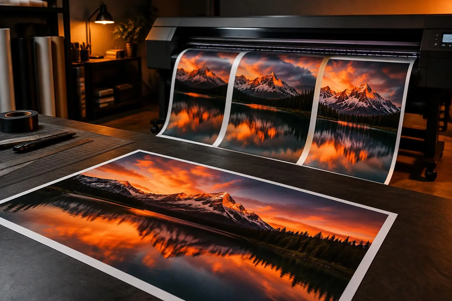 Full-color posters coming off a wide-format printer