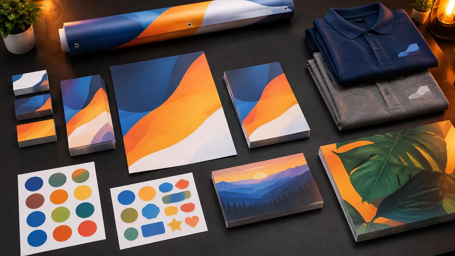 Printed pieces laid out on a table at the Arif Printing shop in Aurora: cards, flyers, posters, stickers and apparel