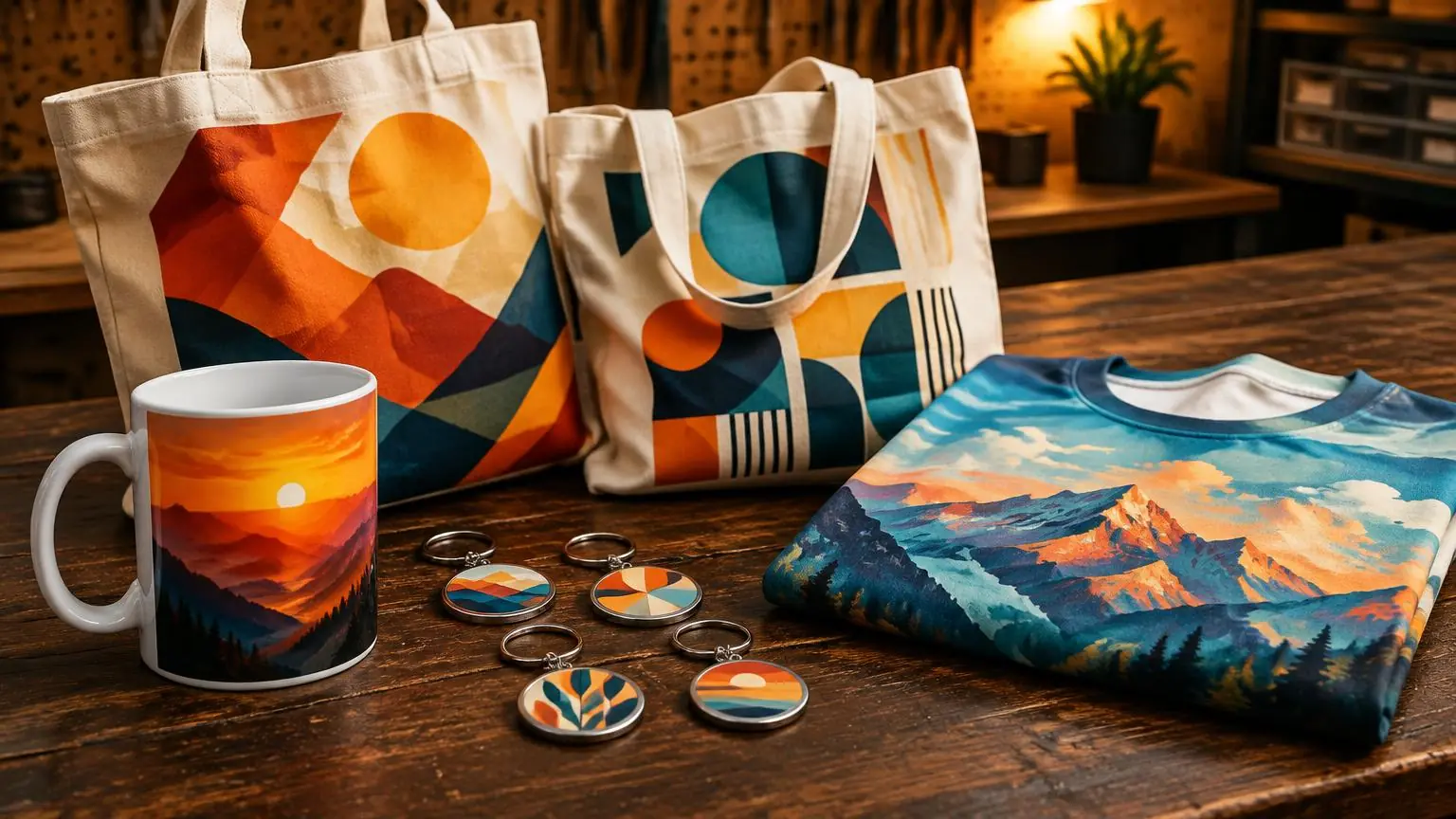 Sublimation-printed mug, tote bags, keychains and all-over print shirt on a workbench