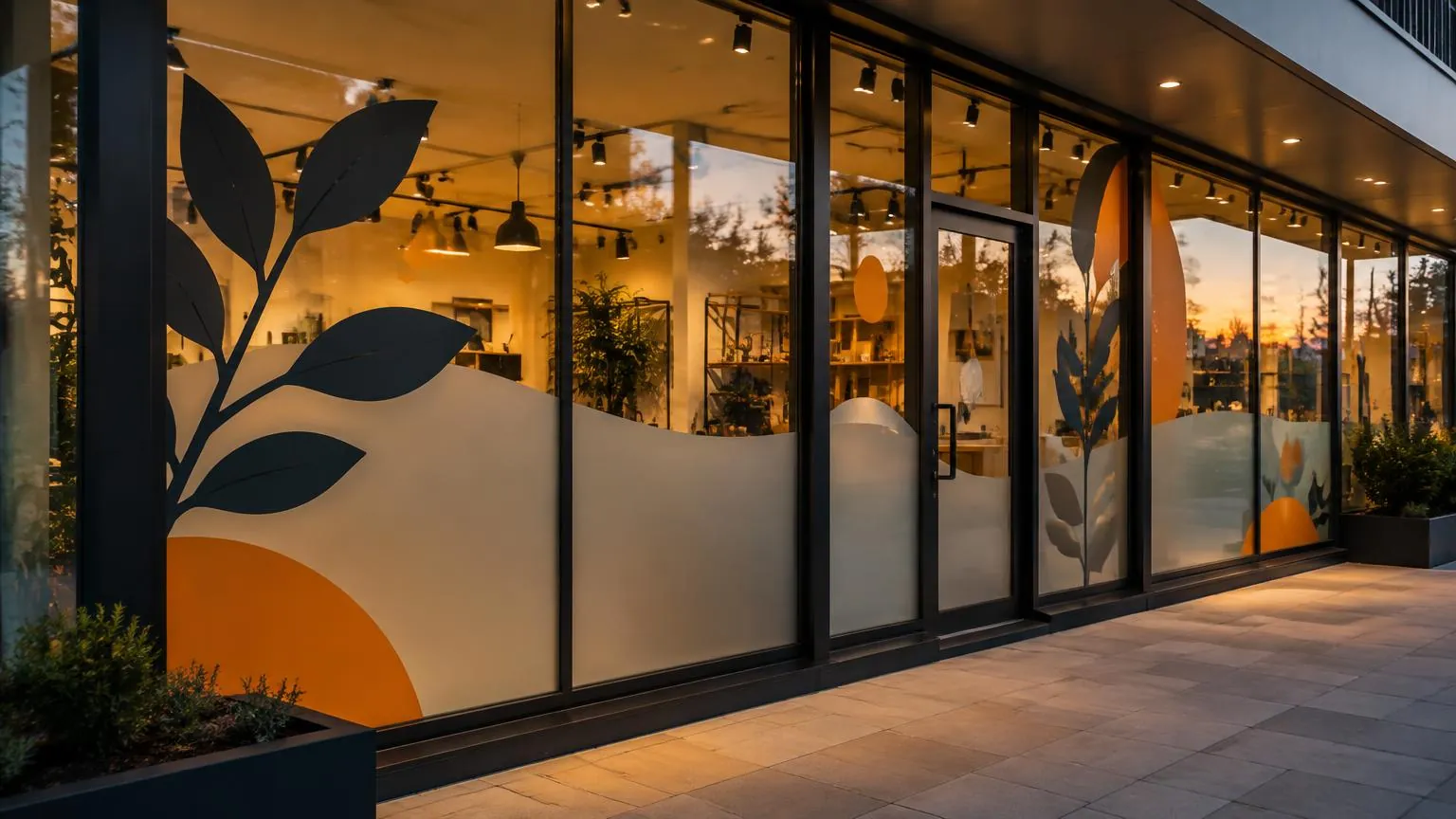 Storefront windows decorated with cut vinyl and frosted privacy graphics