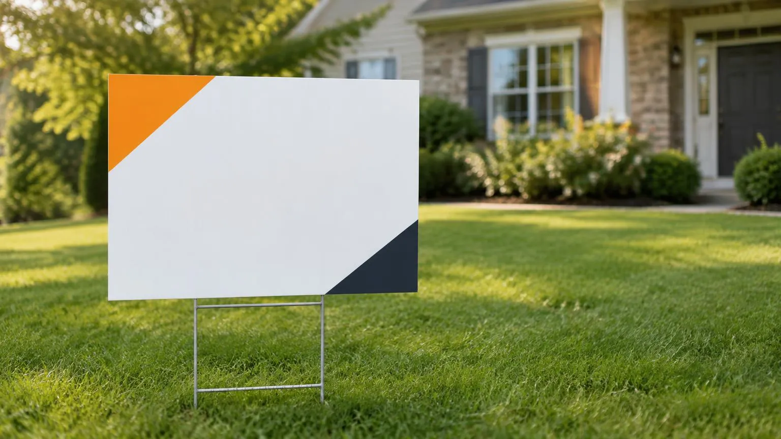 Coroplast yard sign on a wire stake in a green front lawn